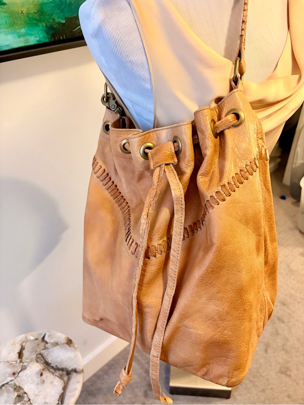 Anthropology Tan Leather Drawstring Hobo Bag with Whipstitch Detail - Picture 4 of 7